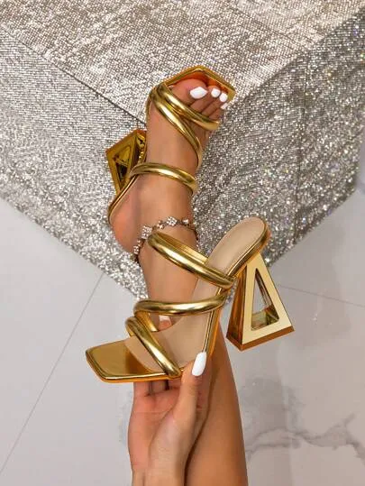Women's High-Heeled Sandals, New Summer Comfortable And Versatile Women's Mules, Elegant And Fashionable Outdoor Golden Party Beach Wear Slippers With Square Toe