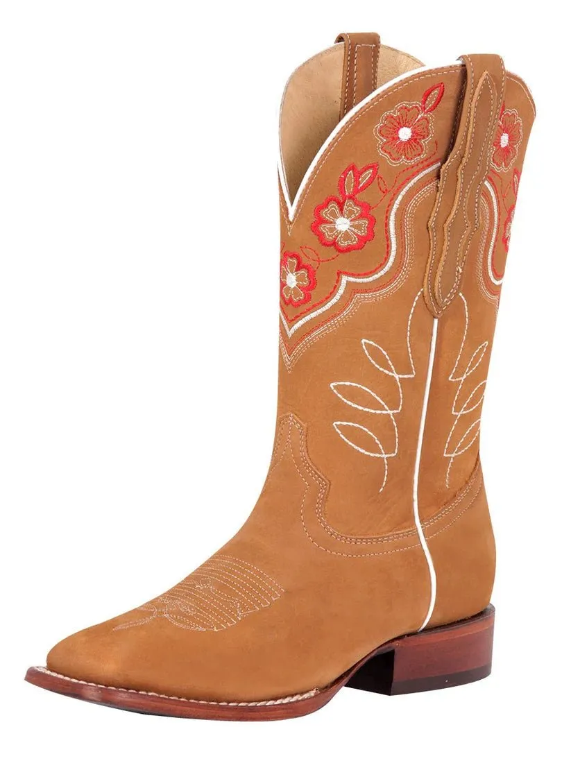 Women's Nubuck Leather Floral Embroidered Cowgirl Boots 'El General' Peach Color 42979