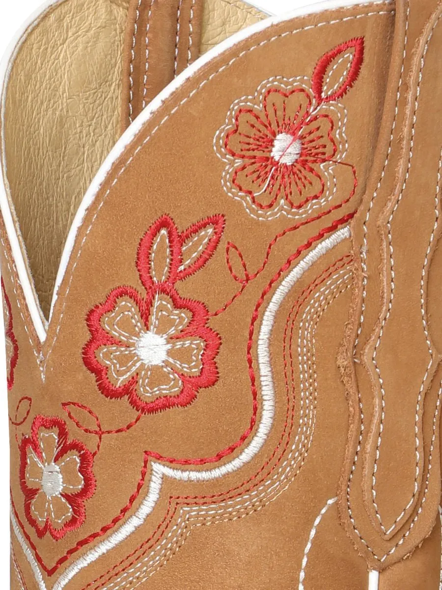 Women's Nubuck Leather Floral Embroidered Cowgirl Boots 'El General' Peach Color 42979
