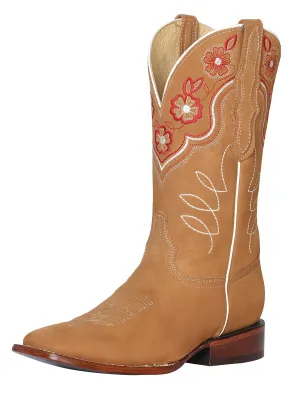 Women's Nubuck Leather Floral Embroidered Cowgirl Boots 'El General' Peach Color 42979