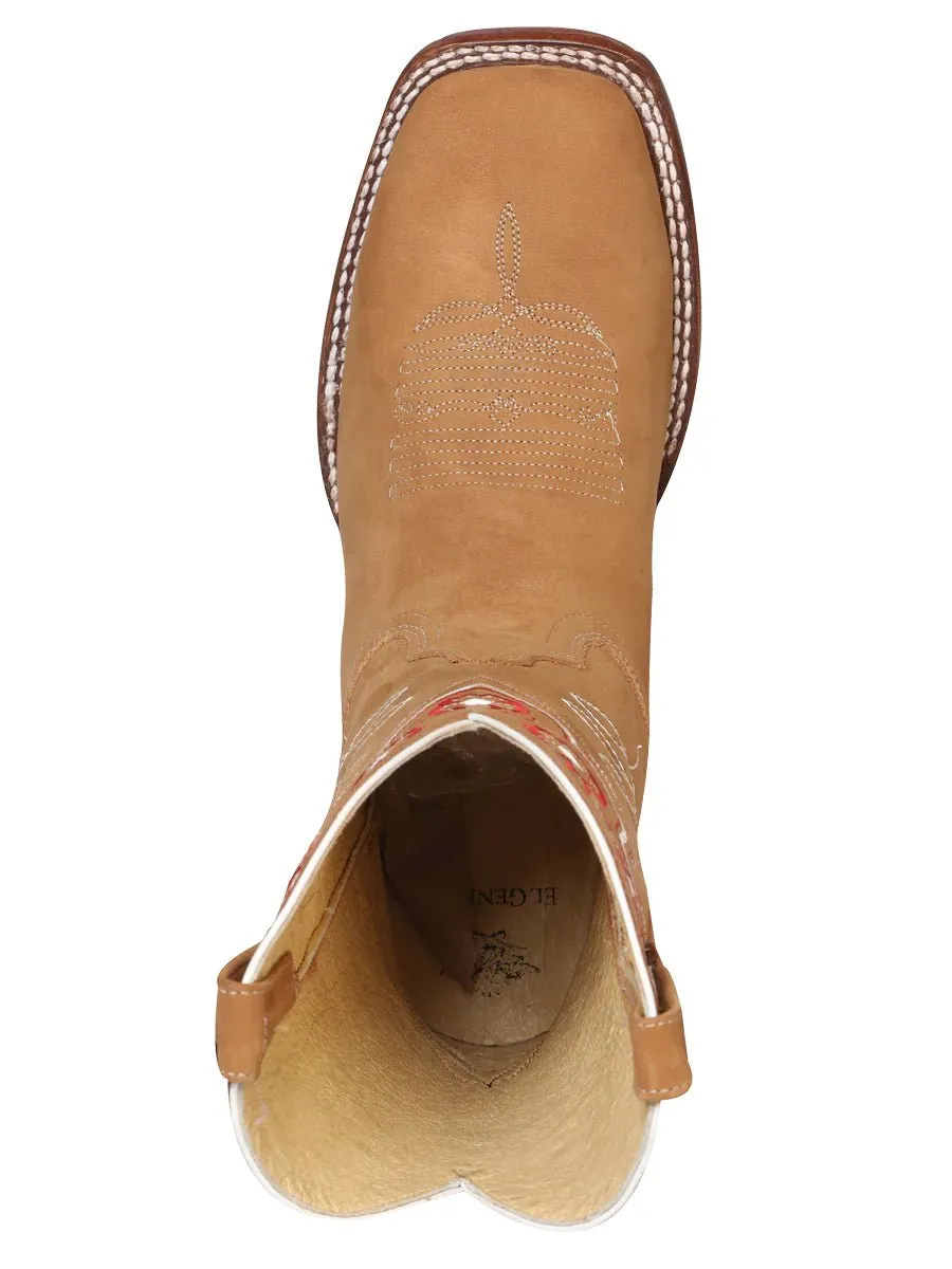 Women's Nubuck Leather Floral Embroidered Cowgirl Boots 'El General' Peach Color 42979