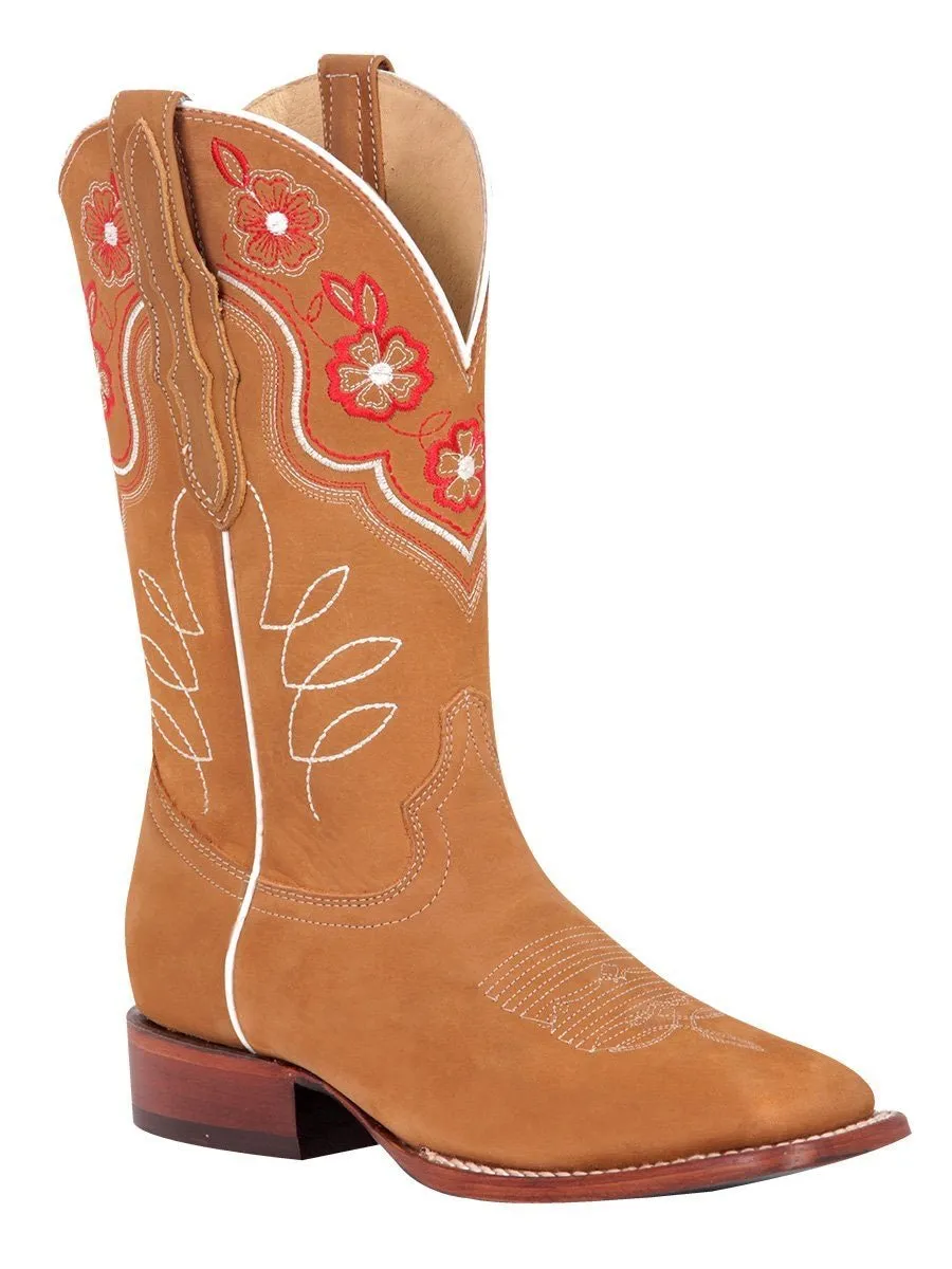 Women's Nubuck Leather Floral Embroidered Cowgirl Boots 'El General' Peach Color 42979