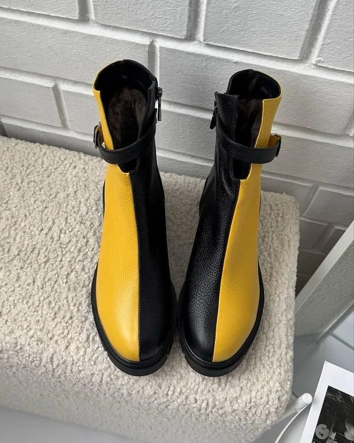 Women's Patchwork Leather Boots with Muffin Soles