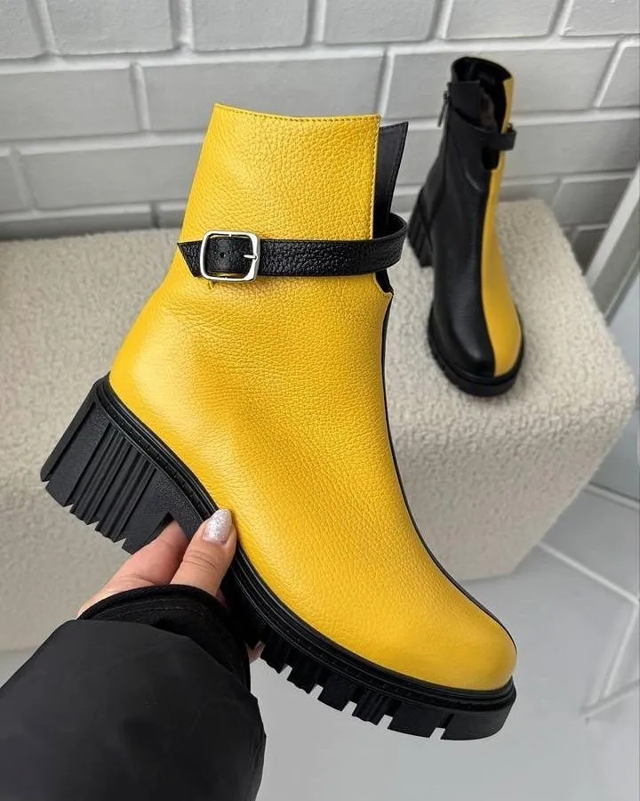 Women's Patchwork Leather Boots with Muffin Soles