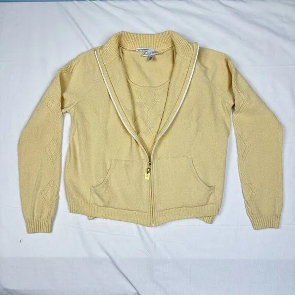 Y2K St John Sport Sz M Cardigan Tank Set Top Twin Cream Quiet Luxury Wool Blend‎